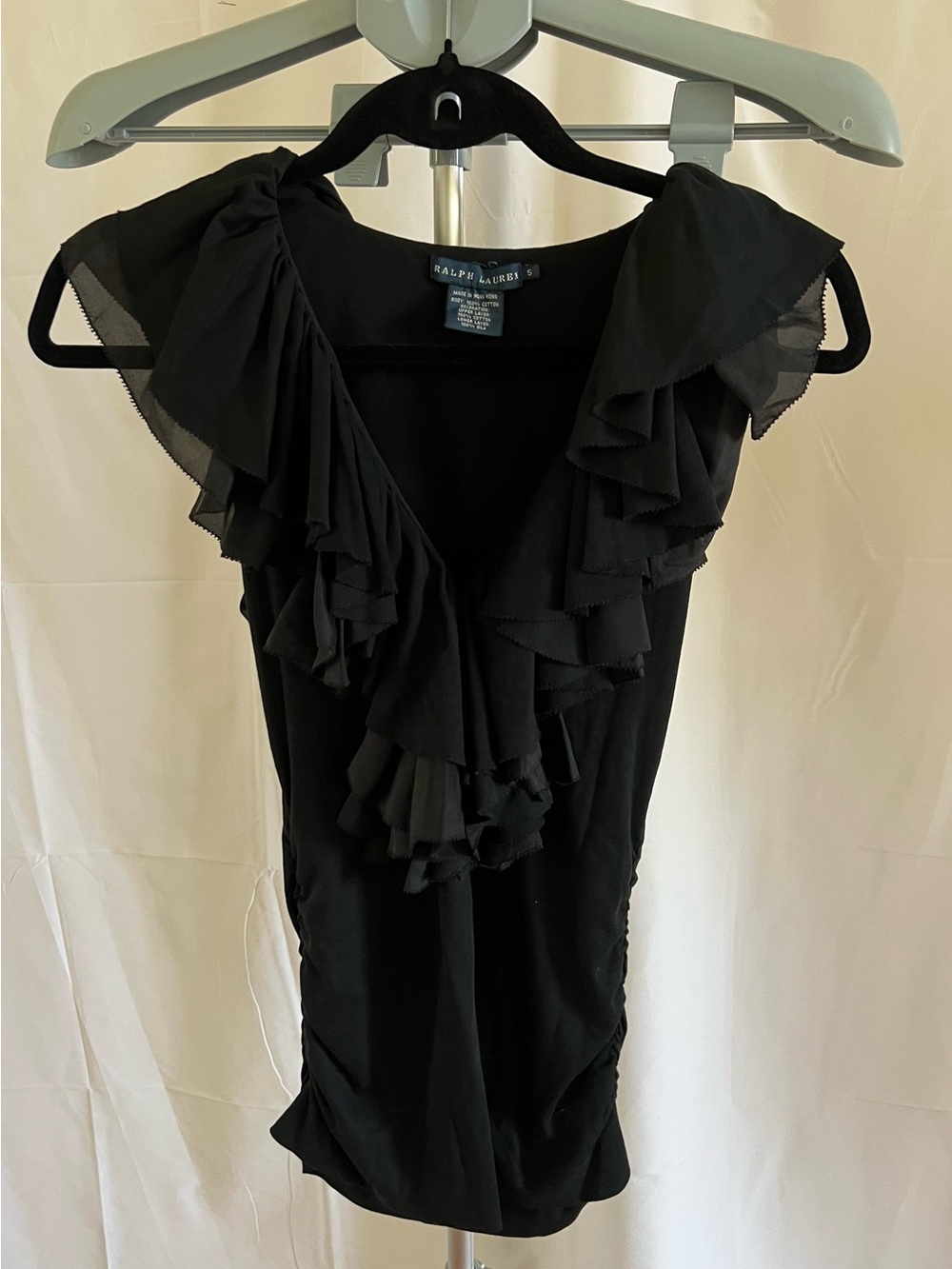 Ralph Lauren Black Top with Layered Ruffle V-Neck